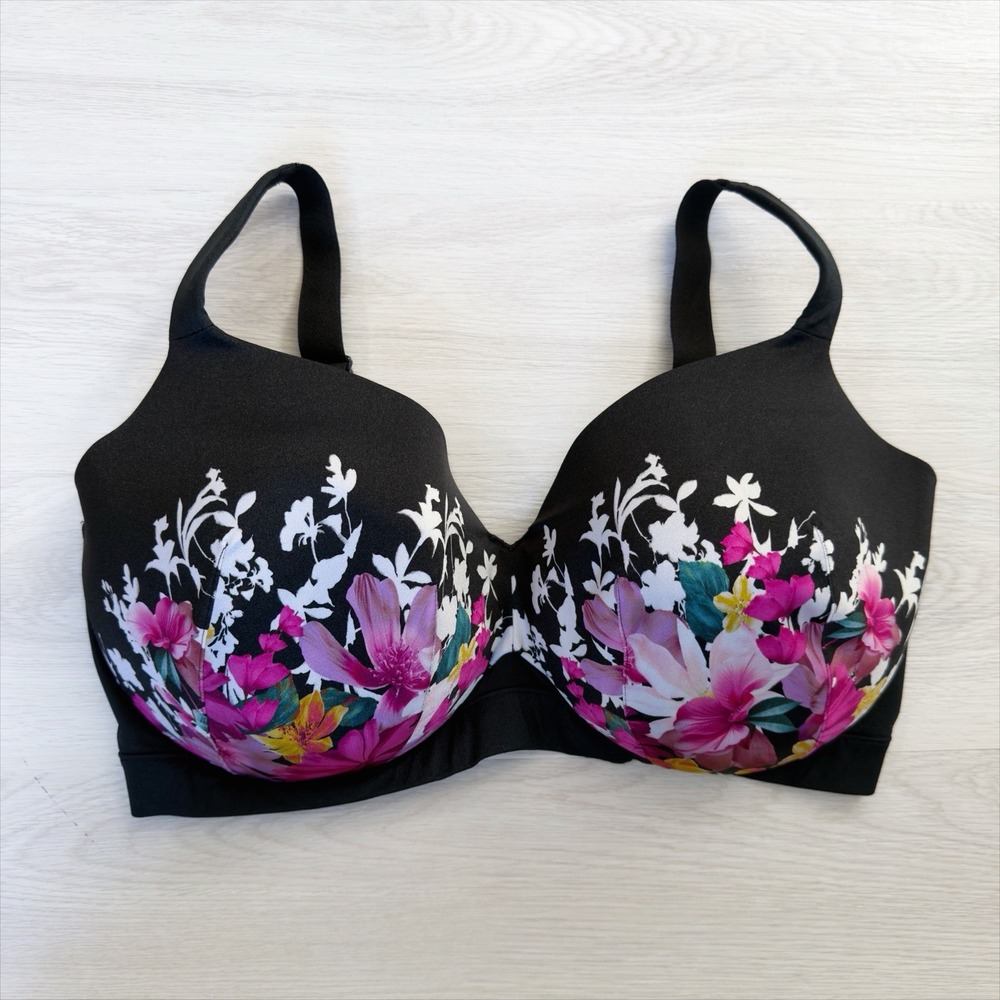 Cacique Size 42G Bra Lightly Lined Full Coverage Dark Floral Satin Wired